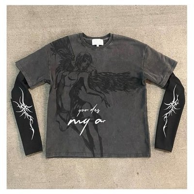 Men'S Graphic Long Sleeve Shirts With Raw Hem Acid Washed Knitted Weaving - Image 3