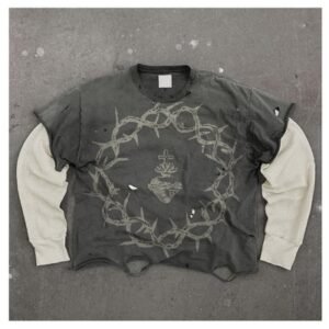 Men'S Graphic Long Sleeve Shirts With Raw Hem Acid Washed Knitted Weaving