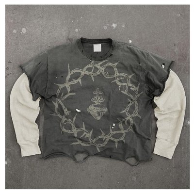 Men'S Graphic Long Sleeve Shirts With Raw Hem Acid Washed Knitted Weaving