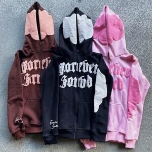 Men'S Hoodie Full Face Zip Up Hoodie Puff Print Brown Heavyweight French Terry Fabric