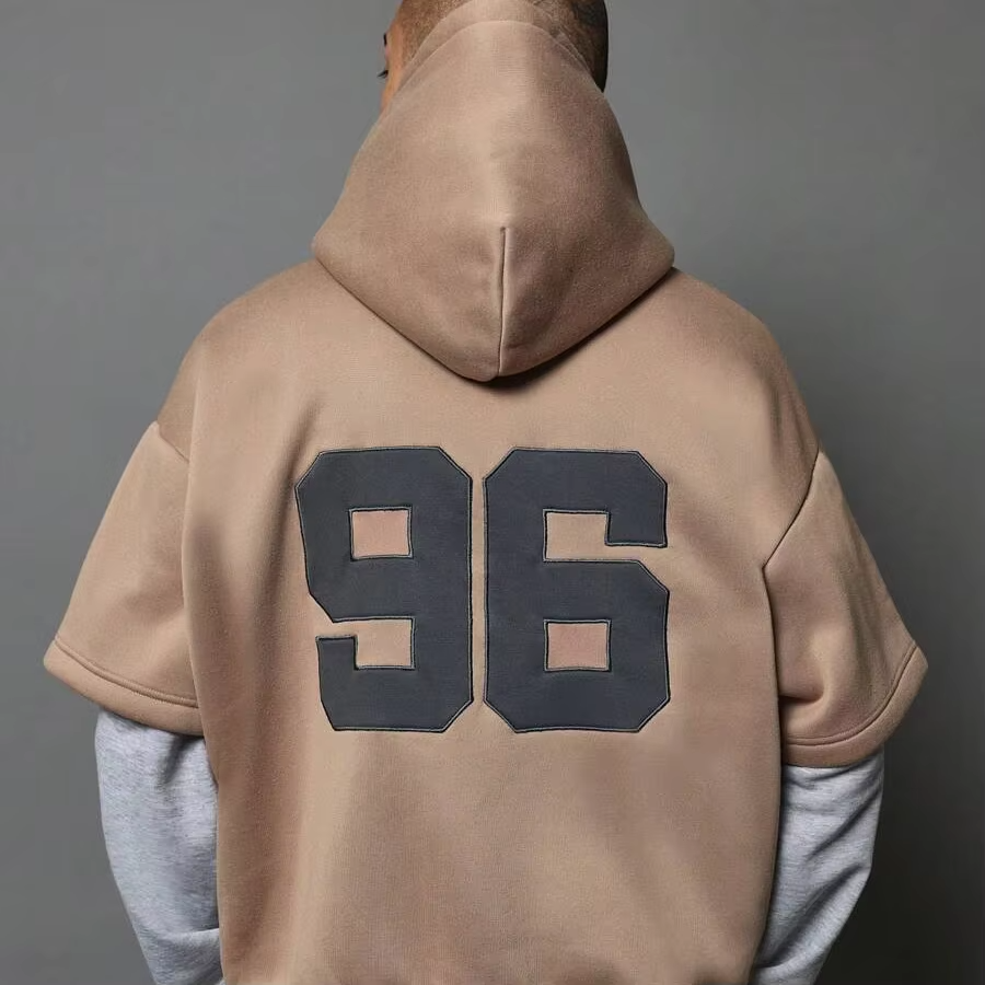 Men's Oversized Terry Pullover Hoodie Patchwork Sleeves Embossed Letter Printing Casual Spring/Autumn Outfit Puff Design Pocket - Image 5
