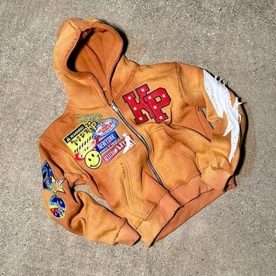 Mens Rhinestone Zip Up Hoodie 500Gsm Grey Orange Stone Acid Wash Hoodie Distressed Patch Embroidery - Image 4