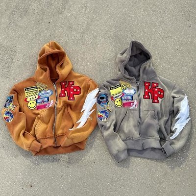 Mens Rhinestone Zip Up Hoodie 500Gsm Grey Orange Stone Acid Wash Hoodie Distressed Patch Embroidery