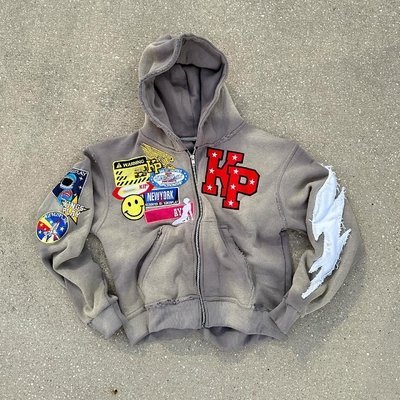 Mens Rhinestone Zip Up Hoodie 500Gsm Grey Orange Stone Acid Wash Hoodie Distressed Patch Embroidery - Image 3