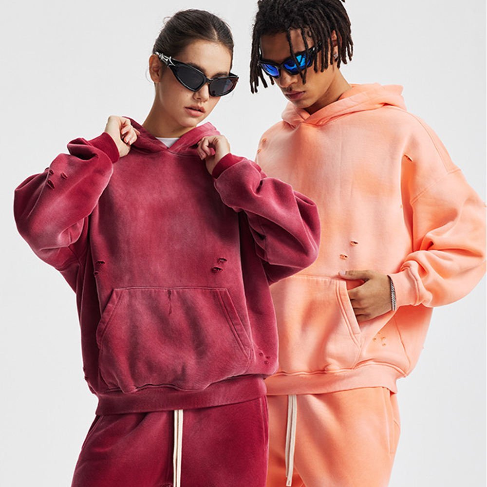 New Fashion Retro Distressed Solid Winter Leisure Sports Hoodies and Sweatshirts for Men Washed Hoodie with Digital Printing - Image 2