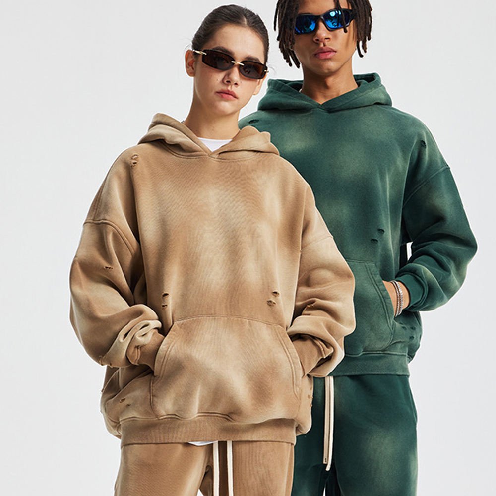 New Fashion Retro Distressed Solid Winter Leisure Sports Hoodies and Sweatshirts for Men Washed Hoodie with Digital Printing - Image 5