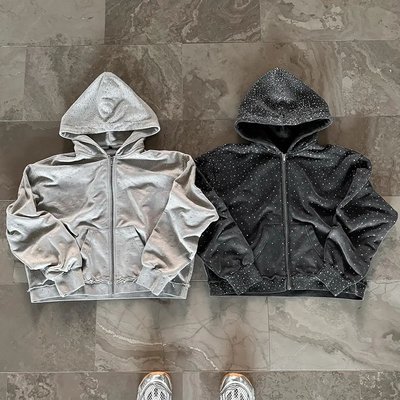 Oem Heavyweight Zipper Hoodie Custom 100% Cotton Terry Hoody Sweatshirt Streetwear Rhinestone Zip Up Hoodie for Men - Image 6