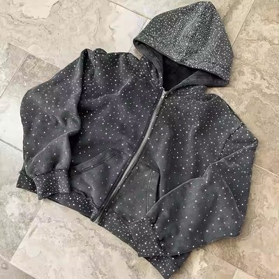 Oem Heavyweight Zipper Hoodie Custom 100% Cotton Terry Hoody Sweatshirt Streetwear Rhinestone Zip Up Hoodie for Men - Image 5