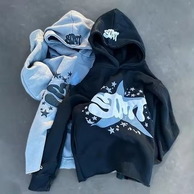 Puff Print Jacket Fleece Cotton Cropped Cut Edge Raw Hem Puff Printing Hoodie Men - Image 4
