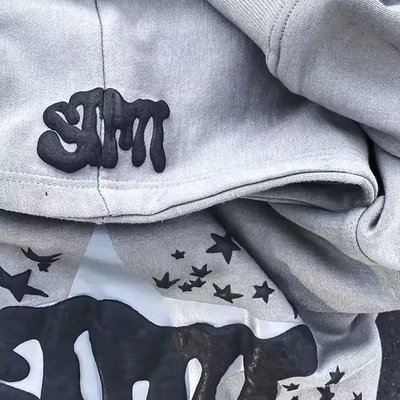 Puff Print Jacket Fleece Cotton Cropped Cut Edge Raw Hem Puff Printing Hoodie Men - Image 7