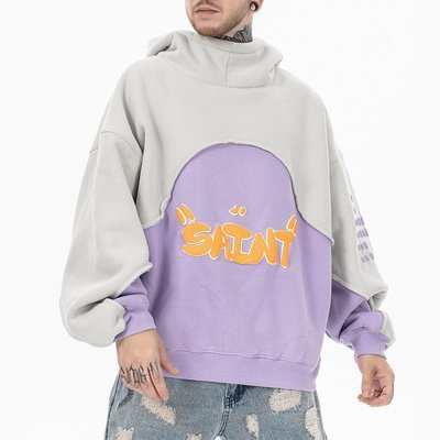 Puff Print Men'S Two Tone Hoodie High Weight Warm Fleece Pullover Hoodie Drop Shoulder - Image 2