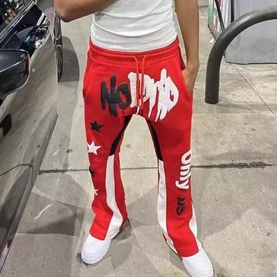 Red Flare Sweatpants For Men Anti-Static Joggers Track Sweat Pants Vintage Style Puff Printing - Image 6