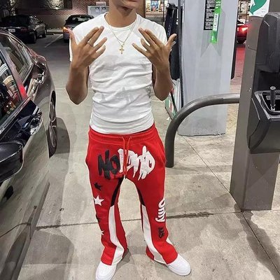 Red Flare Sweatpants For Men Anti-Static Joggers Track Sweat Pants Vintage Style Puff Printing - Image 2