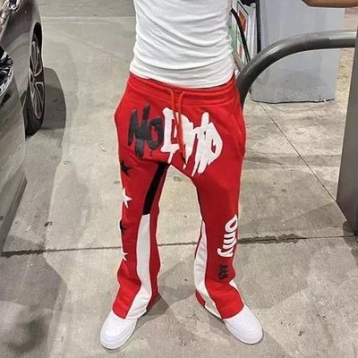 Red Flare Sweatpants For Men Anti-Static Joggers Track Sweat Pants Vintage Style Puff Printing - Image 3