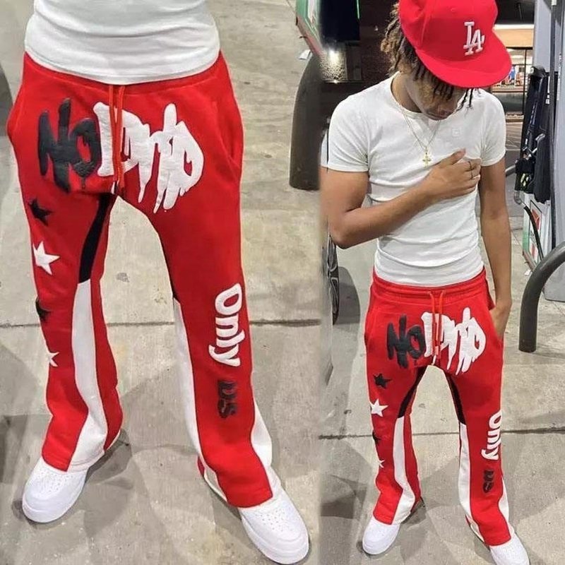 Red Flare Sweatpants For Men Anti-Static Joggers Track Sweat Pants Vintage Style Puff Printing - Image 4