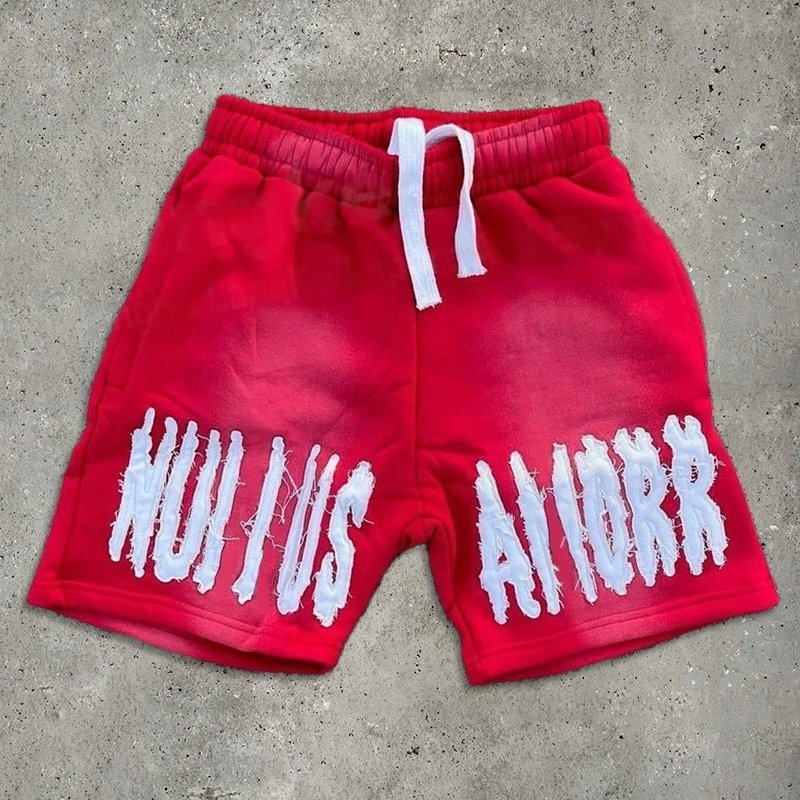Red Running Acid Wash Distressed Shorts Set Vintage Style Sun Fade Sweat Shorts Embroidered Logo