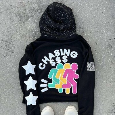 Rhinestone Black 3d Custom Puff Print Hoodie Pullover 100% Cotton Heavyweight Boxy Oversized Men - Image 3