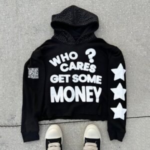 Rhinestone Black 3d Custom Puff Print Hoodie Pullover 100% Cotton Heavyweight Boxy Oversized Men