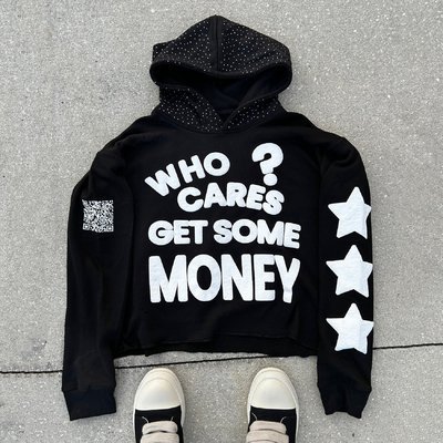Rhinestone Black 3d Custom Puff Print Hoodie Pullover 100% Cotton Heavyweight Boxy Oversized Men