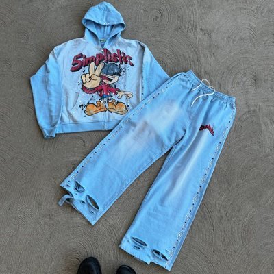Streetwear Rhinestone Zip Up Hoodie Sweat Pants Set Acid Wash Man Tracksuit Sun Faded Men Sweatsuit - Image 3