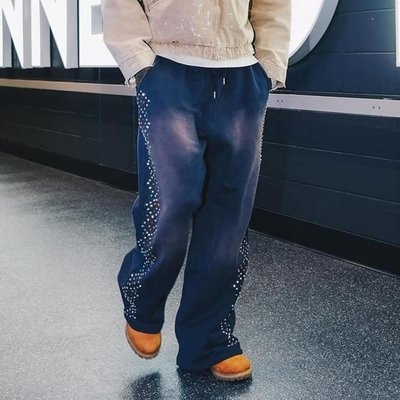 Sun Faded Acid Wash Custom Joggers Cotton Baggy Sweatpants with Crystal Decoration - Image 4