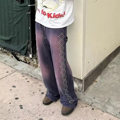 Sun Faded Acid Wash Custom Joggers Cotton Baggy Sweatpants with Crystal Decoration - Image 5
