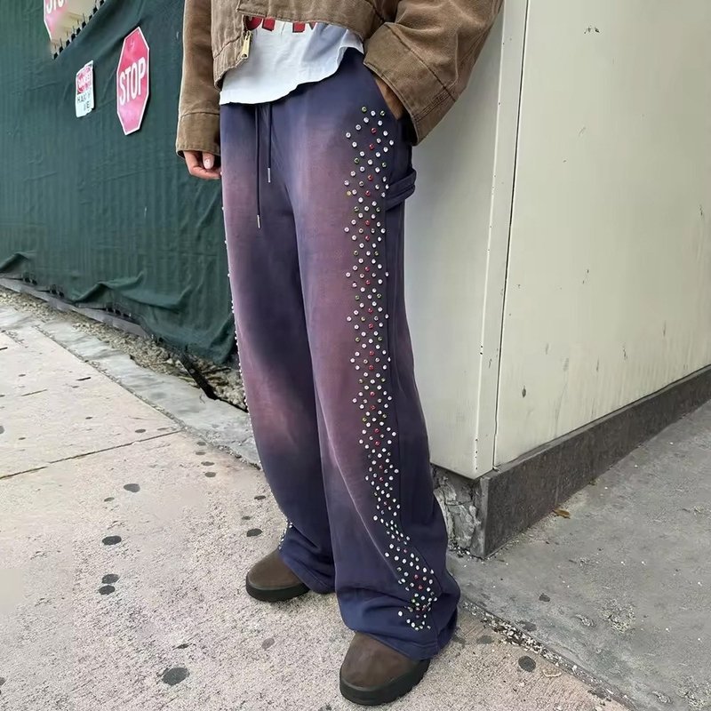 Sun Faded Acid Wash Custom Joggers Cotton Baggy Sweatpants with Crystal Decoration