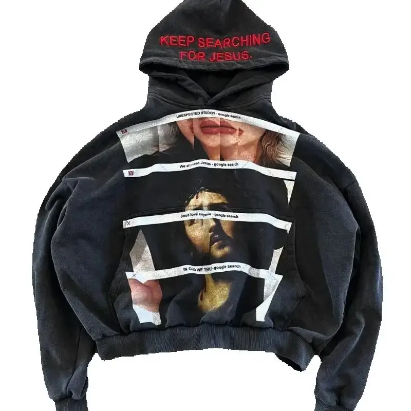 Unisex Vintage Cotton French Terry Hoodie Custom Men's Stone Sun Faded Acid Wash Distressed Heart Pattern Loose Fit - Image 4