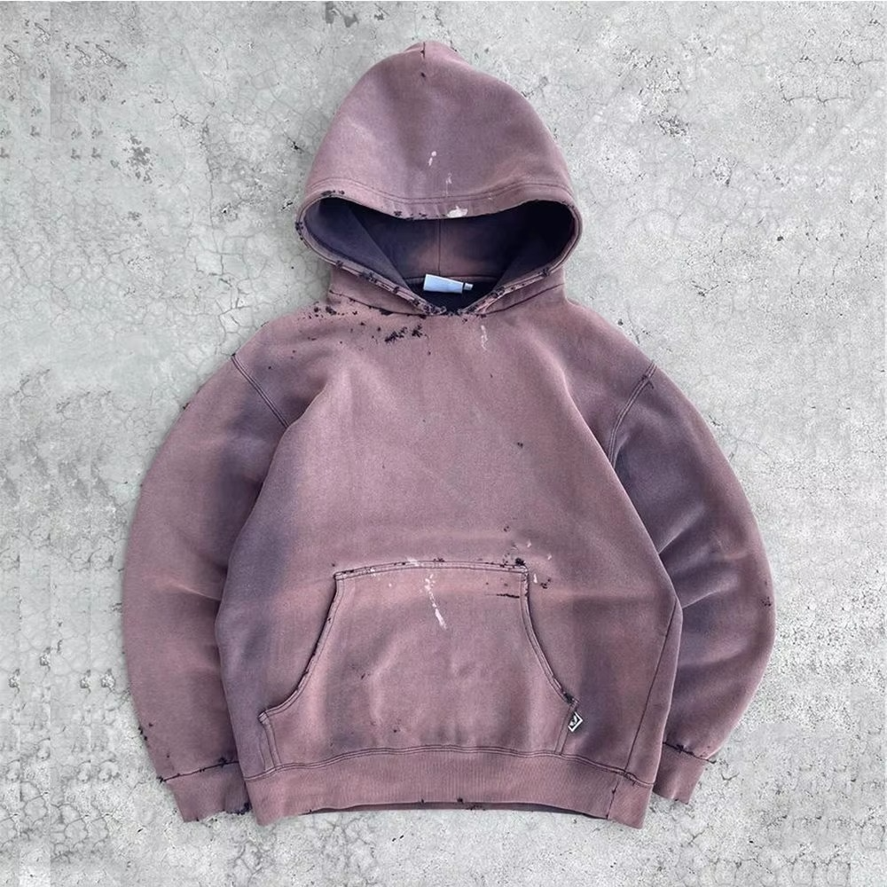 Vintage Acid Washed Thick Heavy Weight Custom Cropped Hoodies Stone Wash No String Disstressed Paint Splatter Sunfaded Hoodie - Image 4