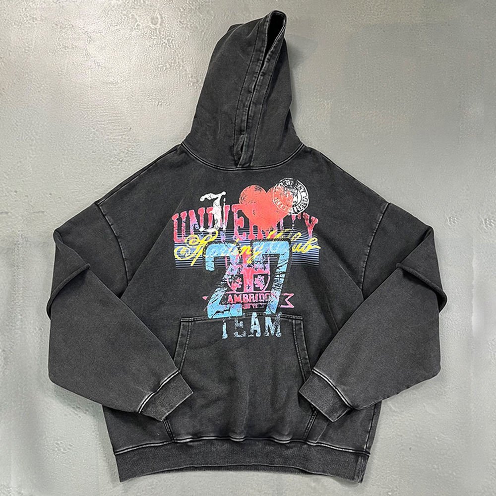 Vintage Washed Heavyweight Terry 100% Cotton Anti-Pilling Oversized Streetwear Hoodie Double Layer Splicing Sleeves Men Printing