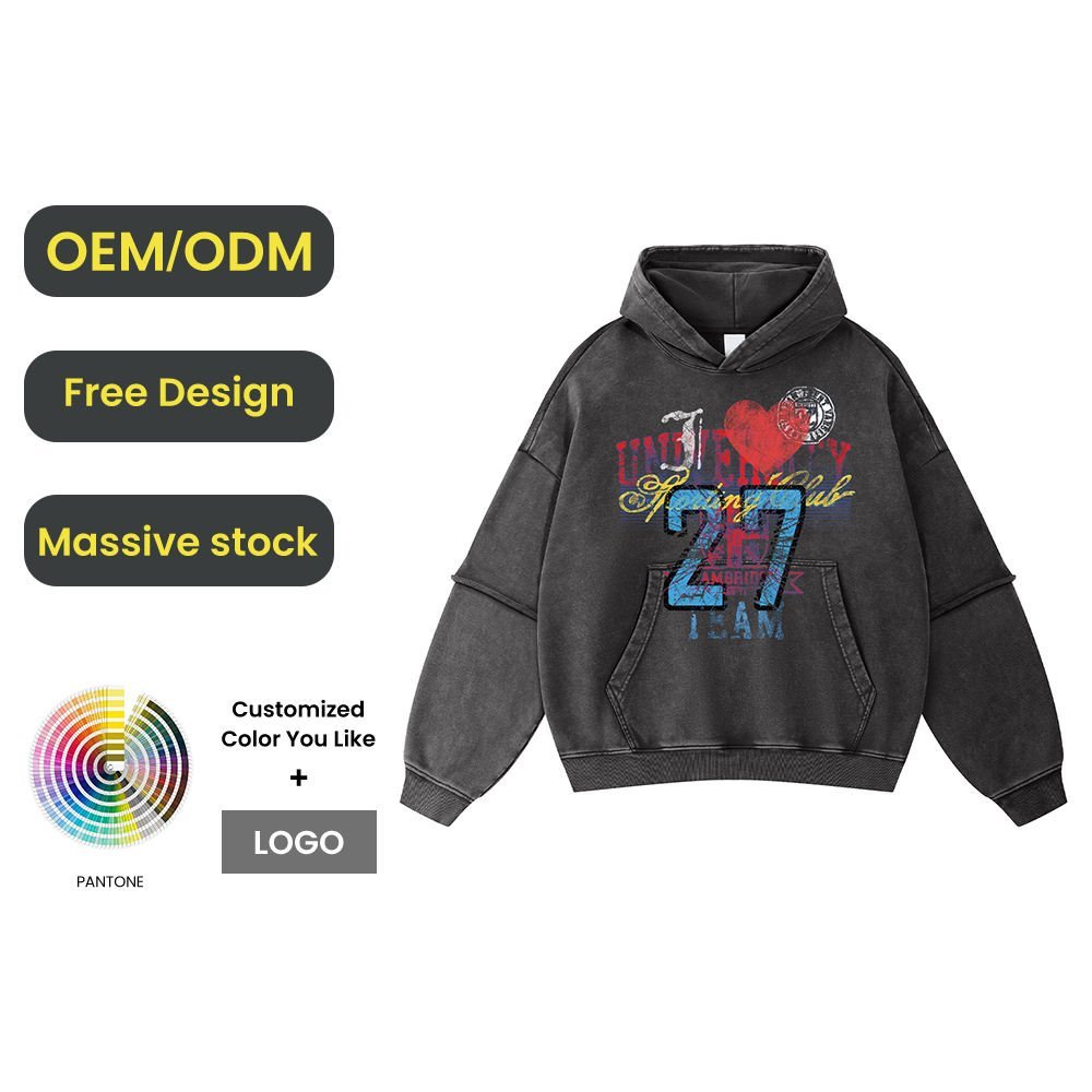 Vintage Washed Heavyweight Terry 100% Cotton Anti-Pilling Oversized Streetwear Hoodie Double Layer Splicing Sleeves Men Printing - Image 3