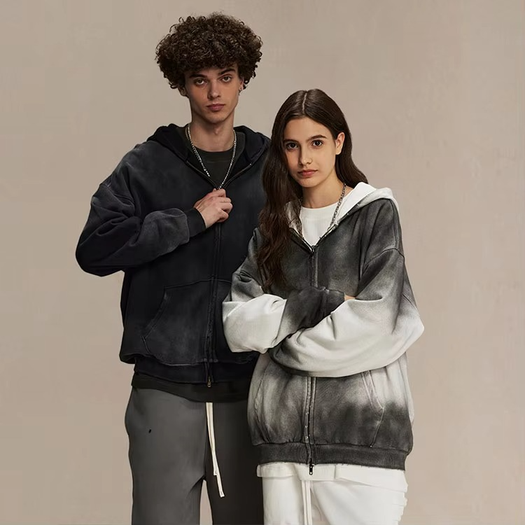 Zip up Hoodie 100% Cotton French Terry Vintage Custom Logo Oversized Stone Acid Washed Distressed Hoodies Jacket for Men - Image 6