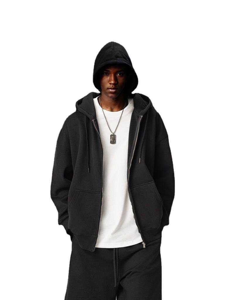 ZSPL European American Trendy Men's 100% Cotton Winter 430g Heavyweight Fleece Solid Oversized Zipper Sweatshirt Jacket Hood - Image 4